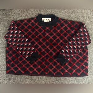 MARNI Geometric Pattern Virgin Wool Boxy Cropped Sweater Black/Red Sz 40IT (4US)